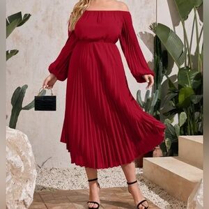 Off the Shoulder Lantern Sleeve Pleated Dress